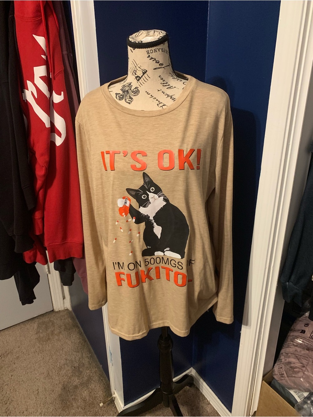 Cat Graphic Long Sleeve Tee in Tan - Unbranded